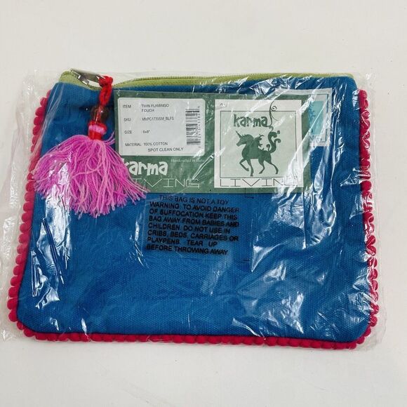 Karma Living Twin Flamingo Pouch Travel Bag New Make Up Pencil Cotton 6x8” - Picture 4 of 5